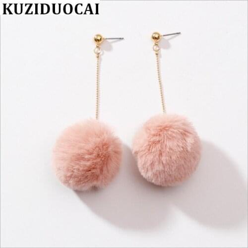 Kuziduocai 2018 New ! Fashion Fine Jewelry 5 Colors 8.8*3.5cm Rabbit Hair Ball Copper Tassel Long Stud Earrings For Women E-943