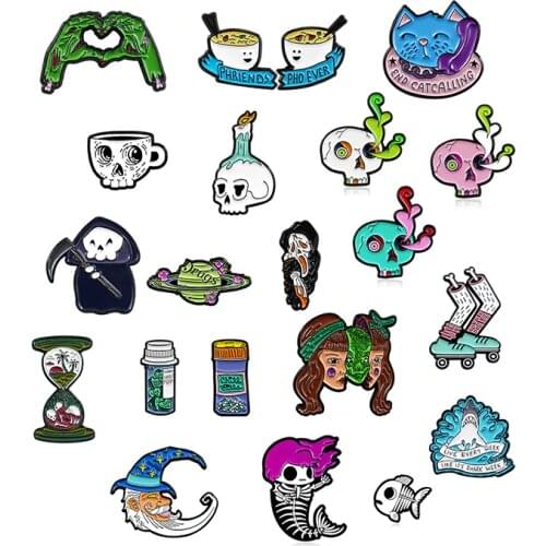 Hot Fashion Death Skeleton Metal Enamel Brooch Creative Roller Shoe Heart Pill Red Bean Cheese Badge Pin Trendy Jewelry Gift