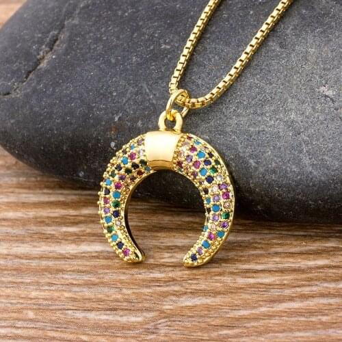 Hot Sale Copper Zircon Charm Horn Shape Chain Necklace Long Crescent Moon Pendant Bohemia Rainbow Jewelry Gift For Women Girls