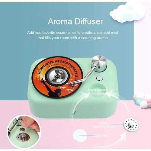 Mini USB Mist Humidifier with Night Light & Aroma Diffuser 300ml Retro Phonograph Appearance Small Humidifiers Warm