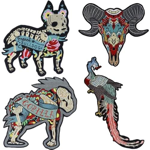 Bull Dog Gorilla Patches Embroidery Large Phoenix Flower Skull Bones Goat Sheep Appliqued Clothes Decorated Iron on Fabric Badge