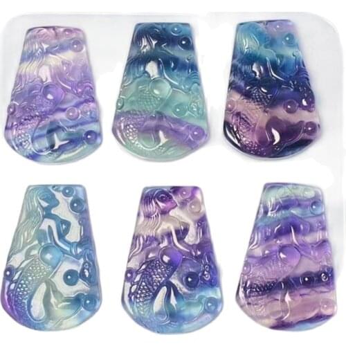 Natural Fluorite Quartz Crystal Stone Carved Nine Tailed Fox Mermaid stars Healing Lucky Amulet Animal Carving Gift 1pc