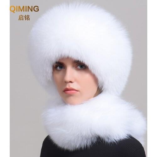 New Winter Fox Fur Hat Fashion Warm All-match Fur Cap Pompom Female Scarf One Rabbit Fur Ear Protection Full-hair Big Circle