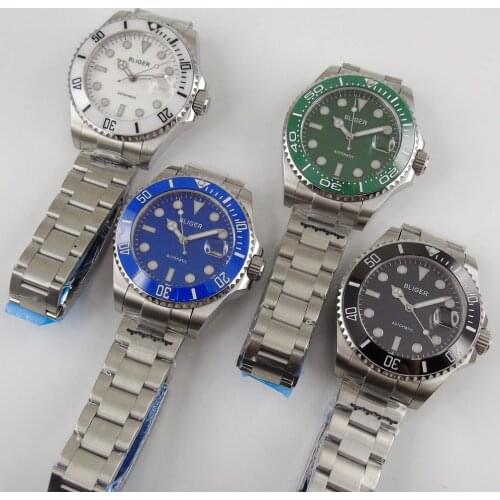 BLIGER New 24 Jewels NH35 Black White Blue Green Mechanical Men Watch Brushed Bracelet Seeing Backcover Unidirectional Bezel