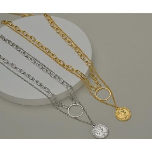 ALLNEWME Rock Double Layers Queen Portrait Coin Pendant Necklaces Hollow Link Chain Titanium Steel Choker Necklace for Women