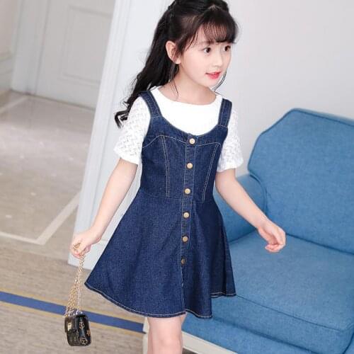 Girls dress summer new childrens clothing denim strap dress + T-shirt kids clothes