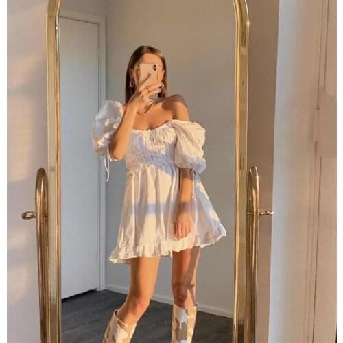 Women Casual Dress Solid Color Square Neck Short Sleeve High Waist One-Piece For Summer White Simple And Stylish Soft S/ M / L