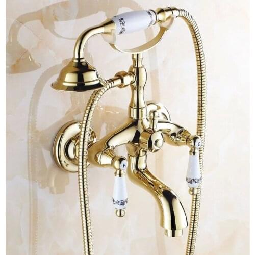 Luxury Gold Color Brass Wall Mount Bathroom Tub Faucet Set WITH/ 1500MM Handheld Shower Spray Head Mixer Tap Dtf079