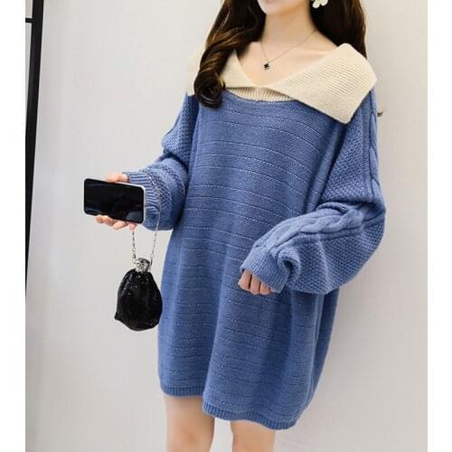 Autumn Winter Sailor Collar Long Sleeve Thick Sweater Dress Sweet Fashion Women Loose Knee-high Dress Female Chic Straight Dress