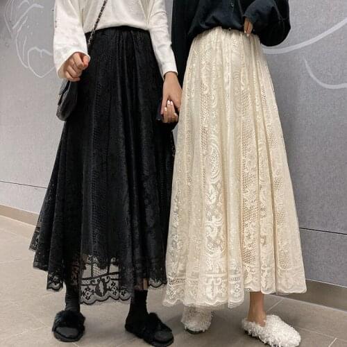 Vintage Womens Lace Crochet Umbrella Long Skirts 2021 New Bohemian High Waist Hollow Out Female Maxi Skirts Spring Autumn