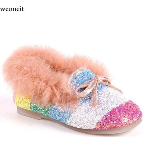 Weoneit 2020 New Children Rainbow Sequin Fur Shoes Autumn Girls Shoes Baby Winter Princess Shoes Warm Soft Sole Shoes