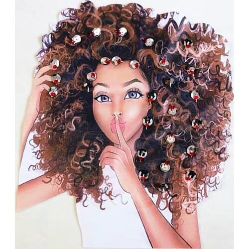 WUYUCONG 3D Printed African Women Heat Transfer Printing Patches for Clothes Jacket Handmade Squines Beaded Black Lady Appliques