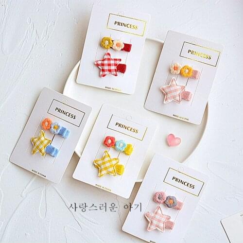 10pcs/Set Plaid Star Hair clips for girls wool knitting double flowers hairpins Kids cotton barrettes toddlers hair accessories