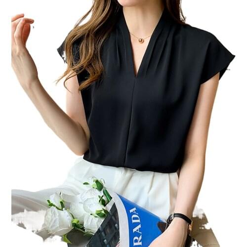 2021 Summer New V Collar Shirt Fashion Black Shirts Simple Women Blouses and Top V-Neck Spliced Chiffon White Blusas Female 0623