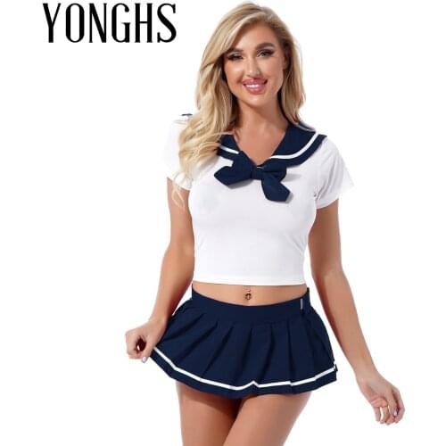 Womens School Girls Uniform Anime Student Uniform Cosplay Outfit Lapel Collar Tops with Pleated Skirt Tie and G-String Briefs