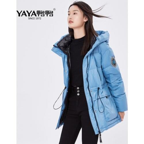 YAYA 2021 Winter White Duck Down Womens Jacket Thick Loose Medium length Warm Couples Overcoat Hood Windbreak Padded Outerwear
