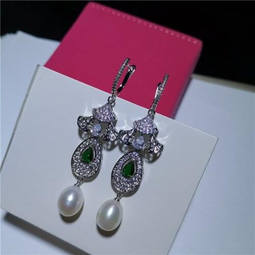 Woman natural white freshwater pearl micro inlay green zircon accessories drop earrings long 7cm luxury