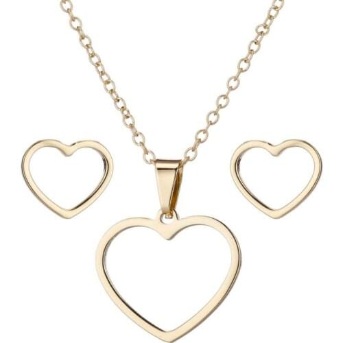 AsJerlya Fashion Stainless Steel Love Heart Necklace Women Gold Jewelry Sets For Girls Wedding Earrings Wholesale Pendientes