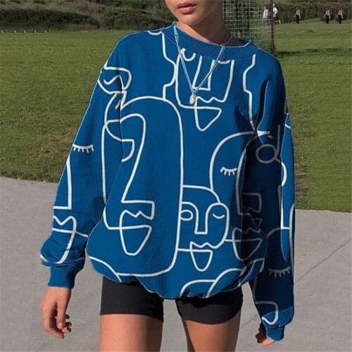 Abstract Face Print Blue Crewneck Sweatshirt Women Long Sleeve Vintage Streetwear Girls French Fashion Tops 2021Spring Plus Size