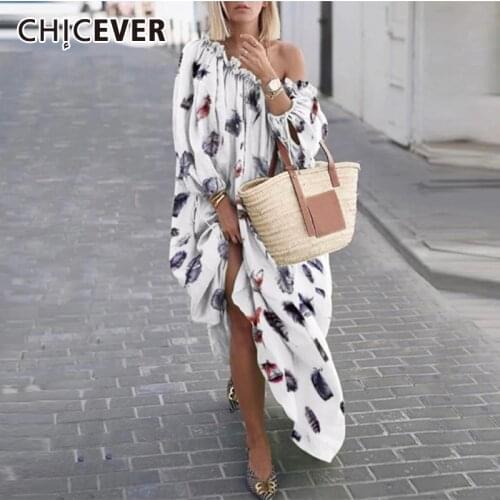 CHICEVER Korean Print Asymmetrical Womens Dress Off Shoulder Lantern Sleeve Plus Size Hit Color Dresses Female 2020 Clothes New
