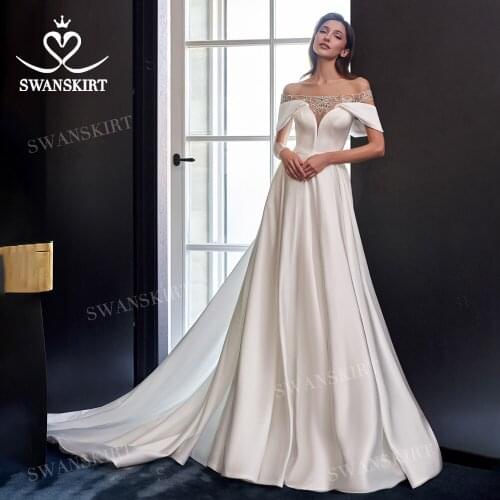 Luxury Beaded Satin Wedding Dress 2021 Boat Neck A-Line Bridal Gown Backless Princess SwanSarah P117 Customized Vestido De Novia