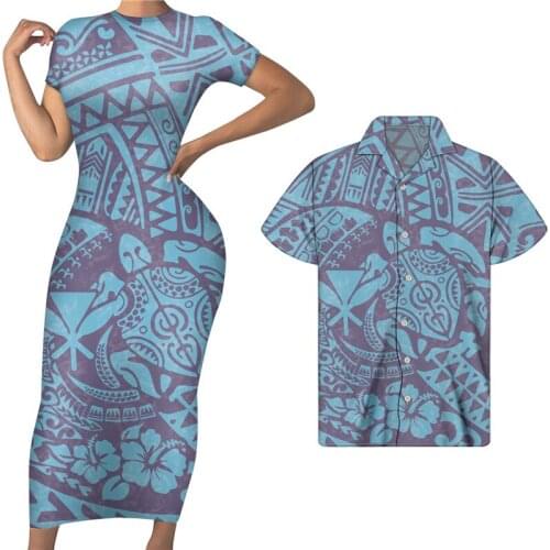 HYCOOL Royal Blue Women Short Sleeve Bodycon Maxi Dress Match Men Shirt Plus Size Tribal Polynesian Print Summer Couple Clothing