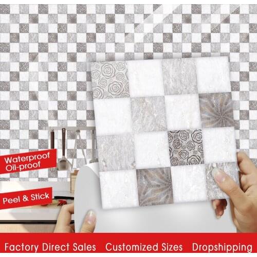 10pcs/set Gray Pattern Mosaic Hard Tiles Wall Sticker Kitchen Bathroom Furniture Renovation Decoration Wallpaper PVC Art Mural