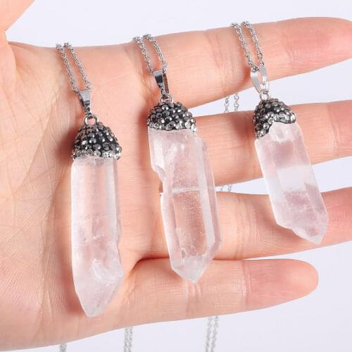 2020 Fashion Statement Necklace Natural Stone Necklace Clear Quartz Transparent Pen-Shaped Pendants Necklace For Women Jewelry