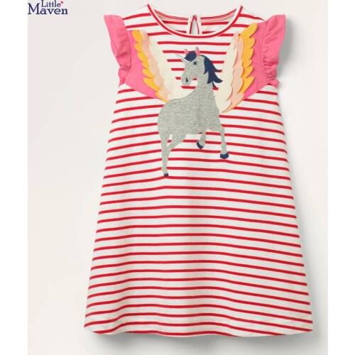 2021 Summer Frocks Baby Girl Clothes Toddler Sleeveless Dress Wing Unicorn Applique Striped Sundress for Kids 2-7 Years
