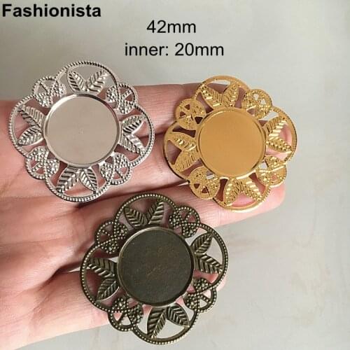 50 pcs - Flower Decor Cabochon Base Setting 42mm For 20mm Cabochon Gold Silver-color Bronze Blank Pendant Tray For Jewel -F