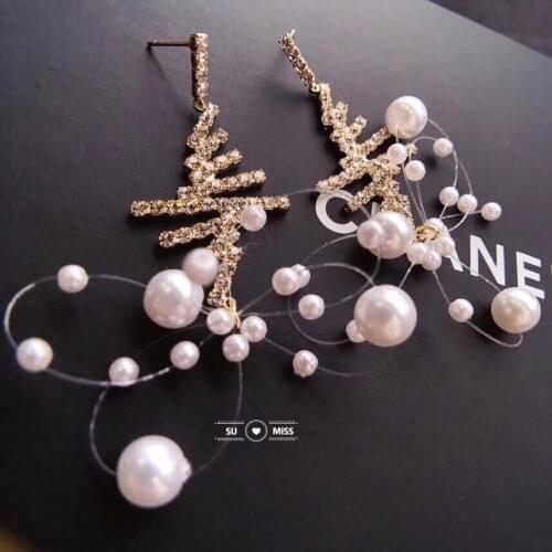 Free Shipping Korea Handmade Exaggerated Pearl Beads with Fishing Line Drop Earrings New Fashion Geometric Long Earrings