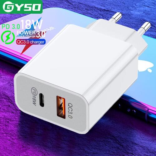 GYSO 18W Fast Charger Quick Charge 3.0 Type C PD USB Charger with QC 3.0 Portable Fast Charger For iPhone Samsung Xiaomi Laptop