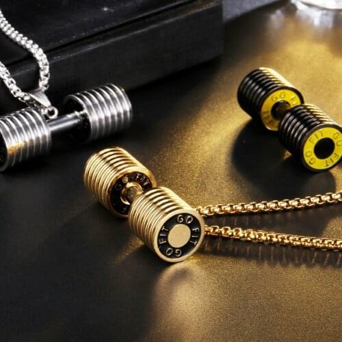 EyeYoYo Dumbbell go Fit Pendant Fitness Bodybuilding Gym Gold Black Color Barbell Necklace Fitness Jewelry For Men 316L SSteel