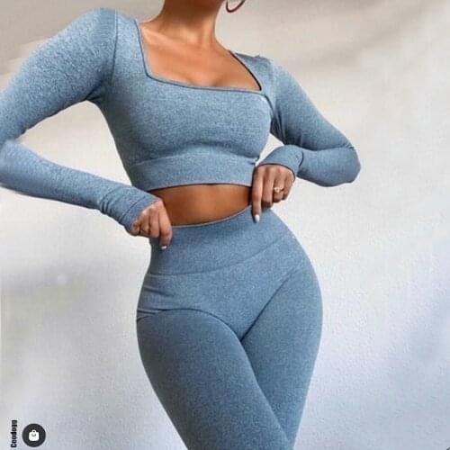 Women 2pcs Seamless Yoga Set Sport Suit Gymwear Workout Clothes Long Sleeve Gym Crop Top High Waist Leggings Fitness Sports Wear