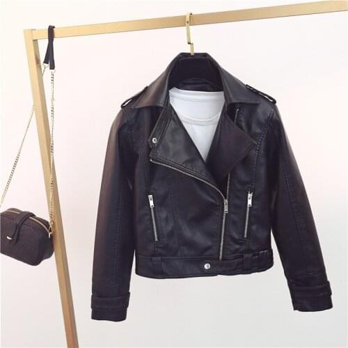 Korean Lapel Slim Women Short Faux PU Leather Jacket Spring 2021 Casual Black Cropped Outerwear Moto Biker Jacket Mulher Jaqueta