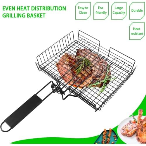 BBQ Grilling Basket Durable Metal Nonstick Barbecue Grill Basket with Foldable Removeable Wooden Handle BBQ Tools