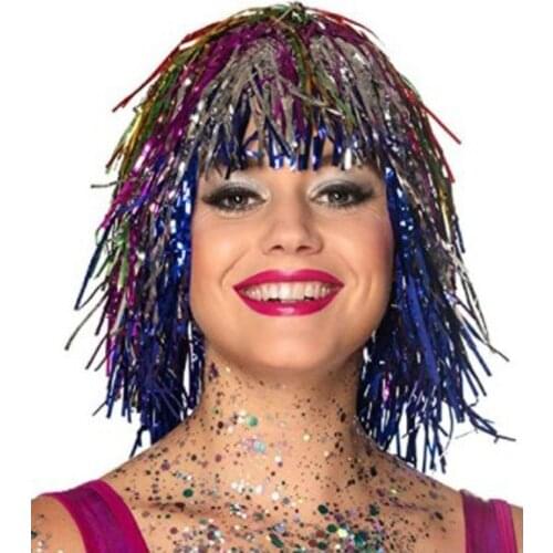 Men Women Lady Colorful Rain Wire Tassel Paillette Wig Bar KTV Disco Clown Messy Hair Decoration Props Party Head Wear Halloween