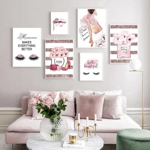 Pink Flower Perfume Fashion Poster Eyelash Lips Makeup Print Art Painting Wall Picture Modern Girl Room Home Decoration