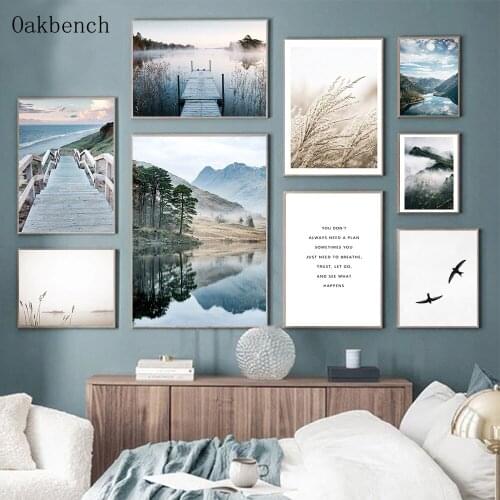 Forest Wall Prints Fog Art Poster Mountain Lake Painting Bridge Print Plant Posters Modern Interior Paintings Living Room Decor