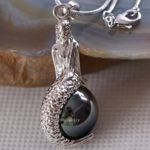 Natural Stone Mermaid Pendant Round Bead Black Magnetic Hematite Necklace Pendant E852