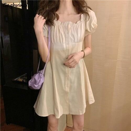 Short Puff Sleeve Mini Dress Women Solid Simple Temperament Square Collar Single Breasted Trendy Dresses Female Ins Retro Casual