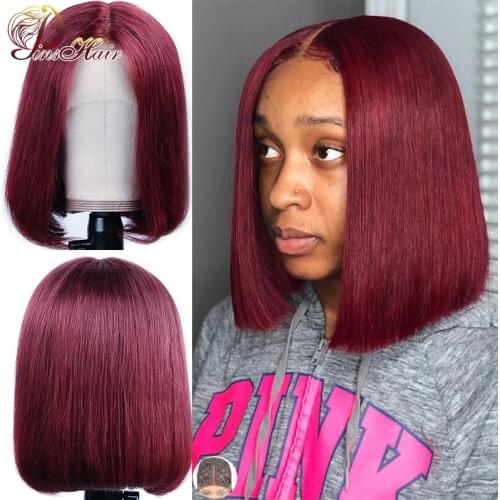 Straight 99J Short Bob T Lace Part Wigs Burgundy 13x1 Lace Part Human Hair Wigs Brazilian Pre plucked 150% Density Pinshair Remy