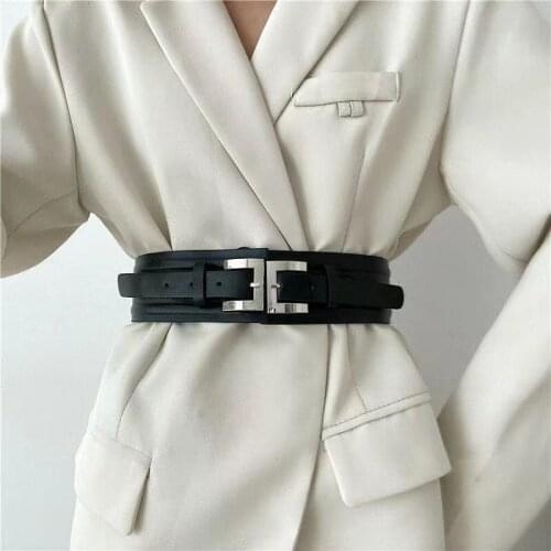 Ladies Fashion Luxury Adjustadle Metal Silver Buckle Wide Belt PU Leather Corset Cummerbunds Fashion Wild Pin Buckle Belt Waist