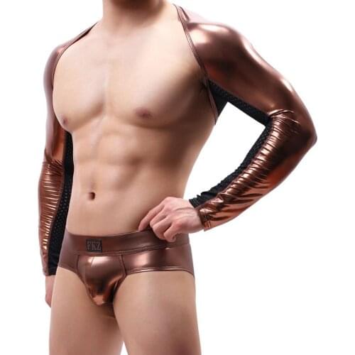 Sexy Men Undershirt Perform Costume Shiny Shirt Mens Underwear Long Sleeve Shawl Star Faux Leather Bodysuit Man Slip Jumpsuit