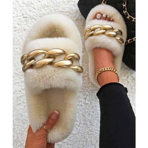 Furry Slippers Matte Gold Chain Fluffy Flip Flops Designer Faux Fur Slides Cozy Plush Slippers Flat Sandals Fashion Shoes Women