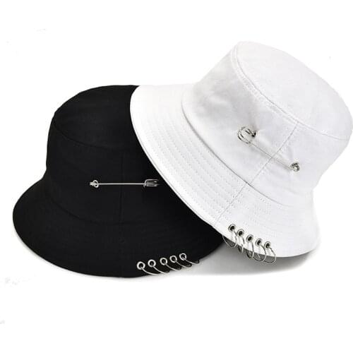 Personality Bucket Hat With Iron Pin Rings For Unisex Girls Boys Fisherman Caps Solid Color Breathable Sun Hats Hip Pop Punk Cap