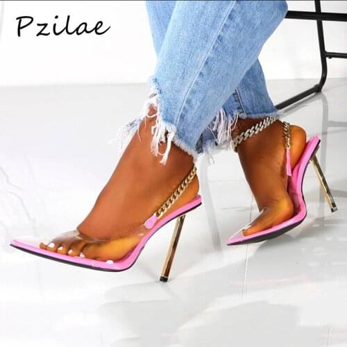 Pzilae Sexy Transparent Pumps Women Pointed Toe Chain Design Metal Heel Ladies Shoes Stiletto High Heels Wedding Party Pumps 42