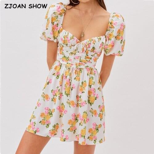 2021 Vintage V neck Puff Sleeve Floral Print Lacing up Back Backless Dress French Slim Waist A line Women Vestido Holiday Robe