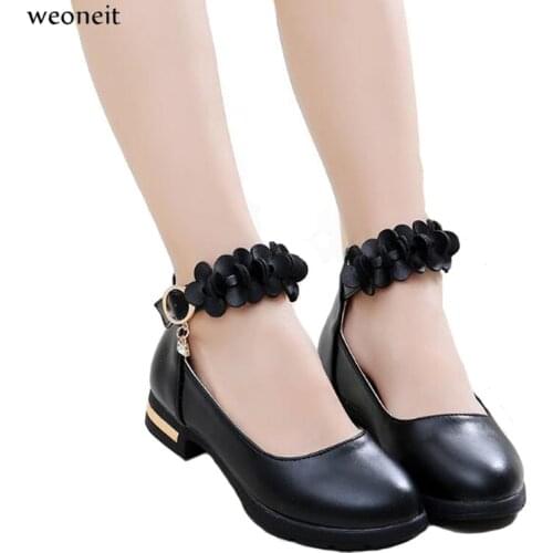 Weoneit Girls Leather Shoes Children Flowers Black Red White Dress Shoes Kids Princess Students School Shoes Size 27-37