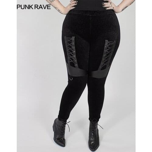 PUNK RAVE Plus Size Womens Gothic Black Silhouette Vase Printed Velvet Leggings Splicing Imitation Leather Skinny Long Pants